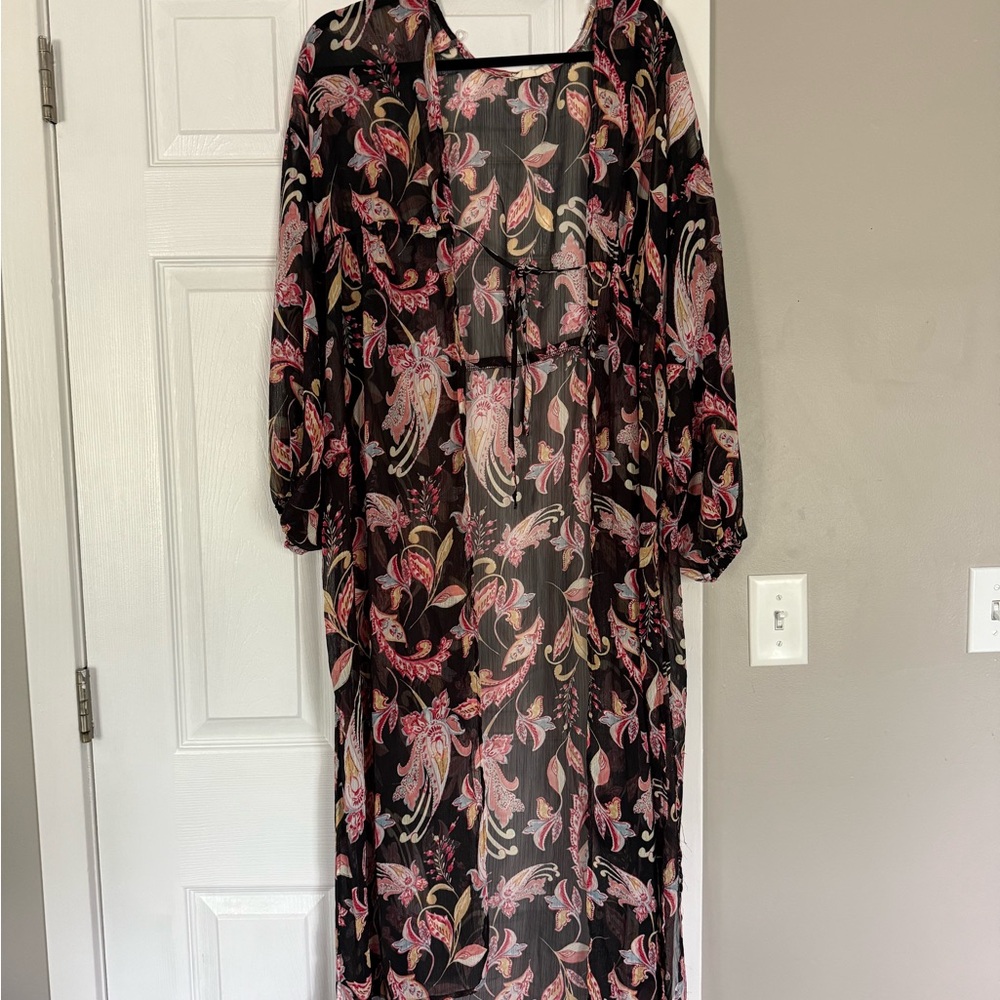 Floral Sheer Summer Cover Up Cardigan Maxi Length Resort Beach Vacation